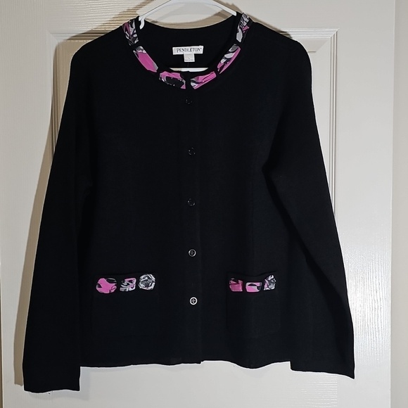 Pendleton Sweaters - Pendleton Merino Wool Blend Cardigan Black Pink Silk Trim NWT Size L